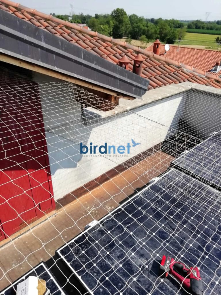 Rete anti volatili tesa sopra i moduli fotovoltaici di un tetto