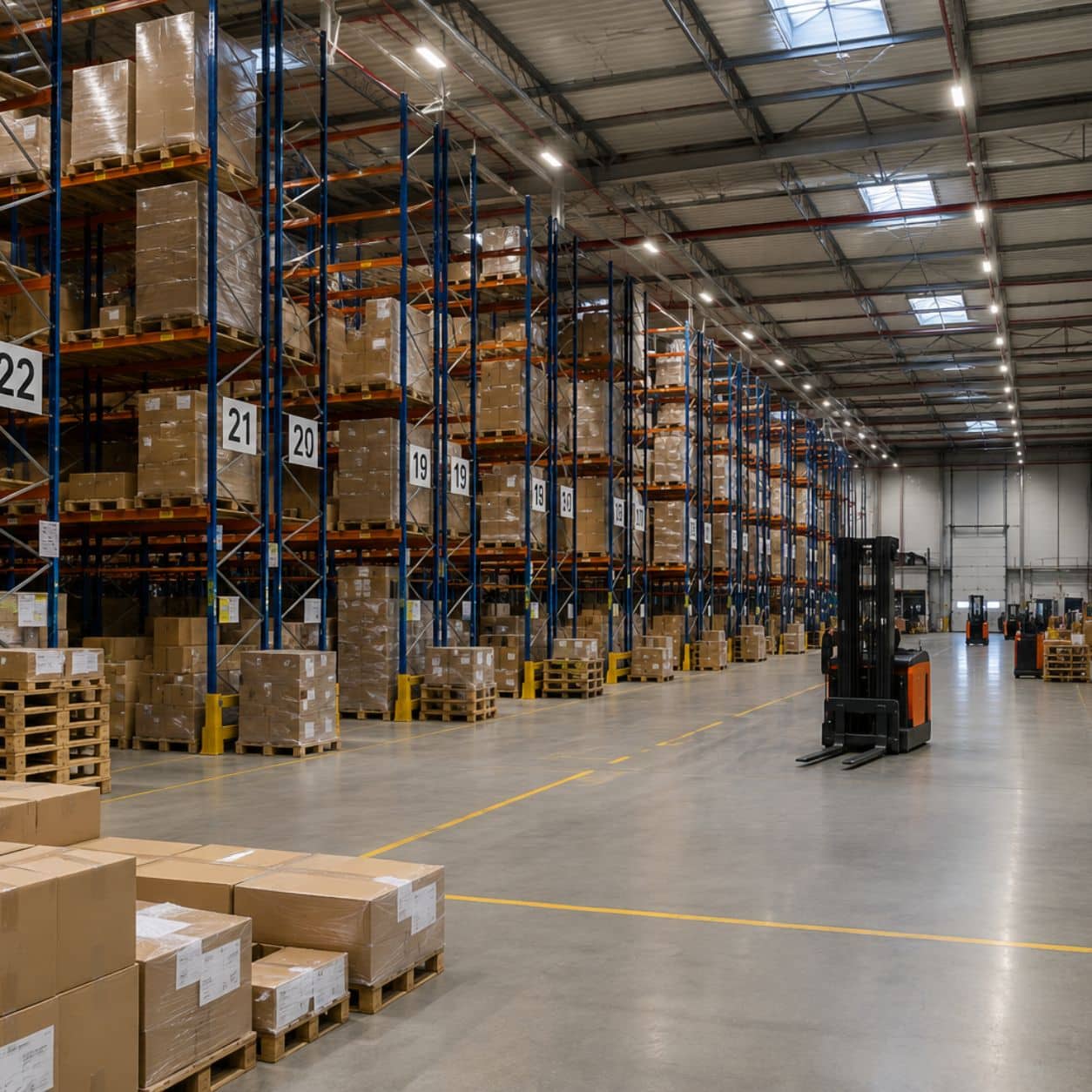 Interno di un magazzino logistico con scaffalature alte, bancali e un carrello elevatore