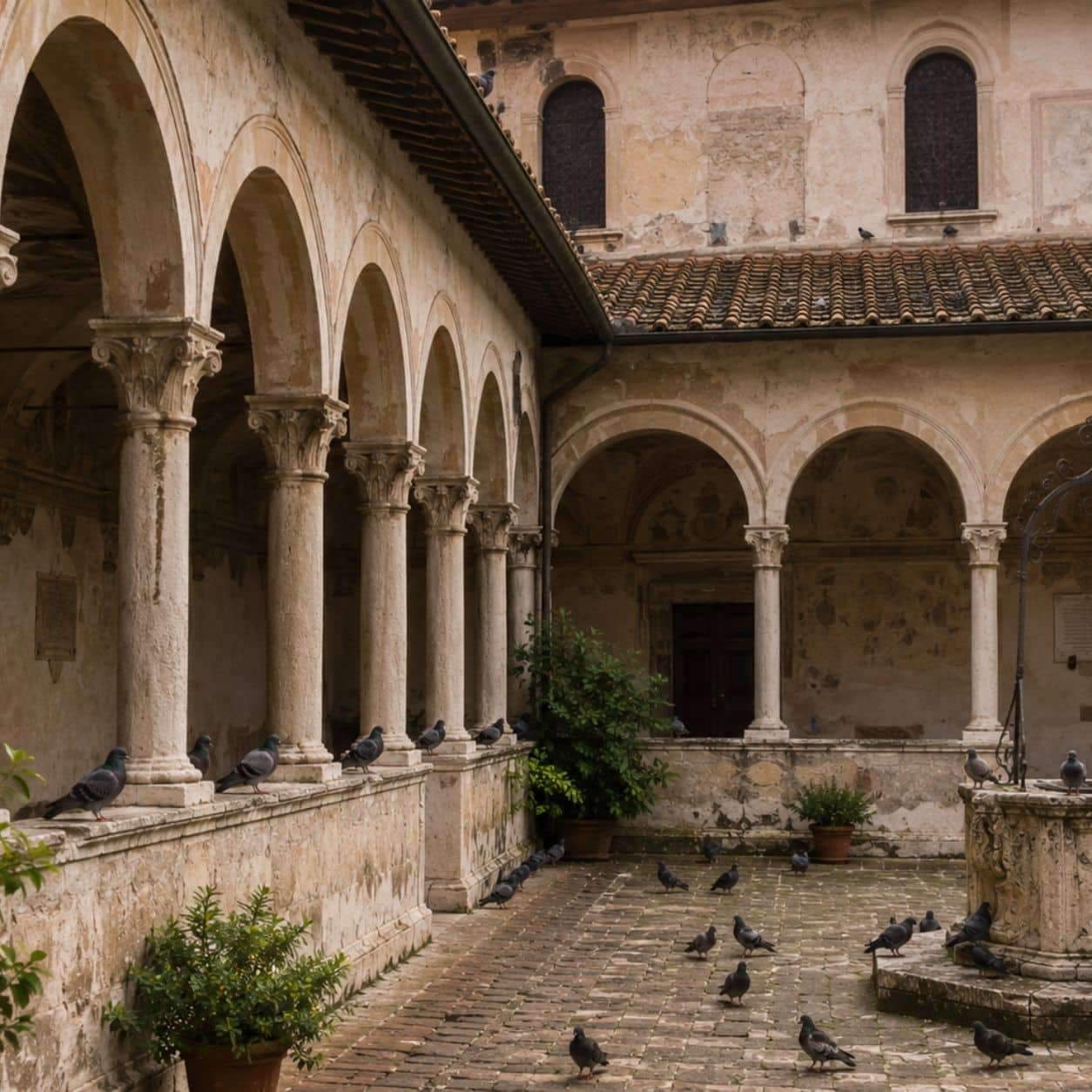 Chiostro a due ordini di arcate su colonnine, con colombi posati sui cornicioni e nel cortile