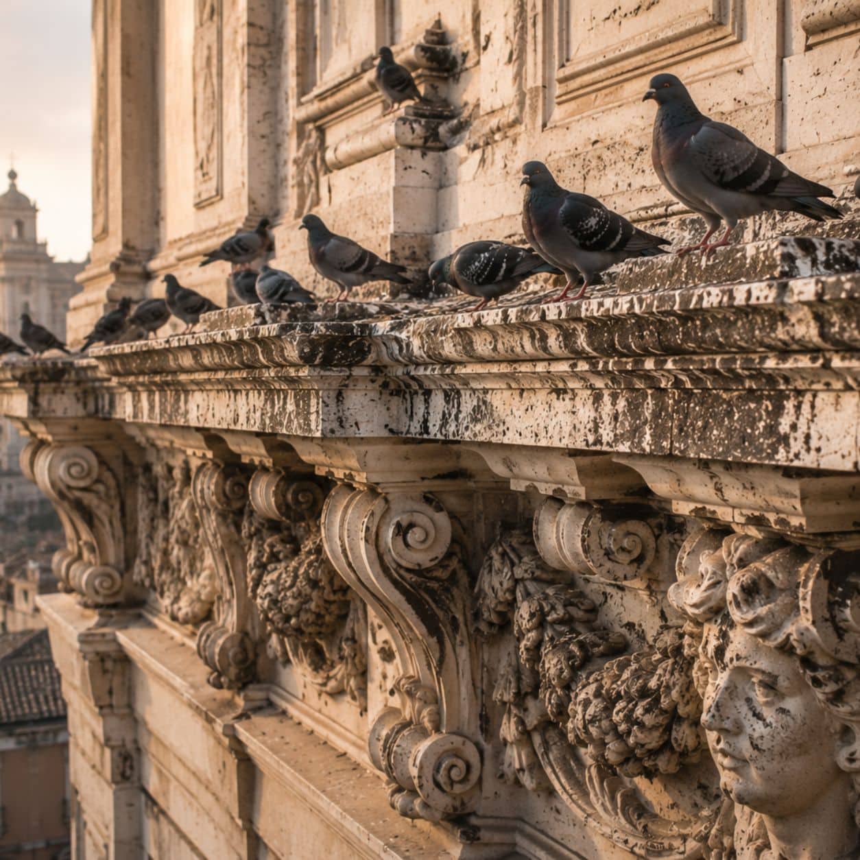 Cornicione modanato di un edificio storico con dentelli e mensole, colombi posati sul piano e colature chiare sulla pietra sottostante
