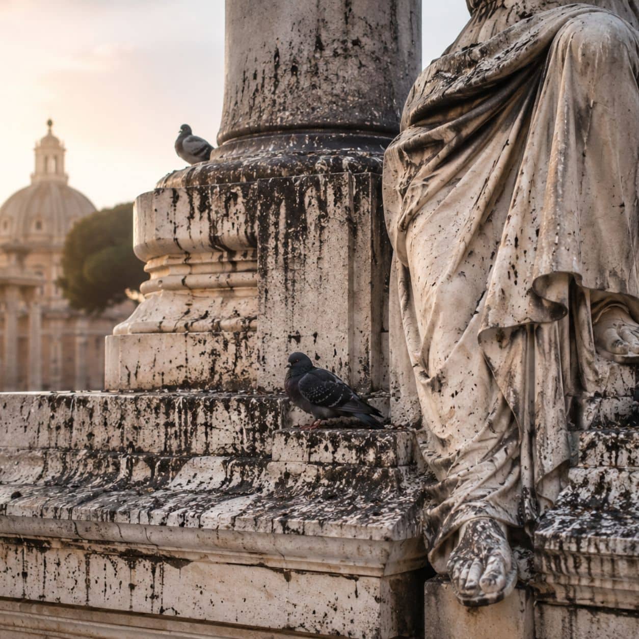 Statua in marmo su un alto basamento con due colombi posati sopra e colature chiare che scendono lungo la pietra