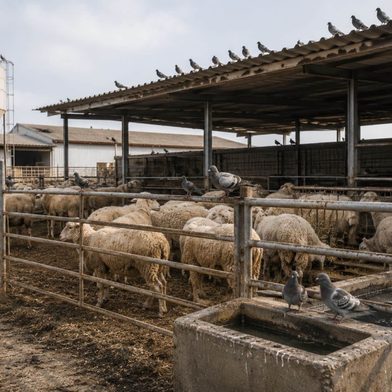Piccioni all’interno di una struttura zootecnica sopra le mangiatoie
