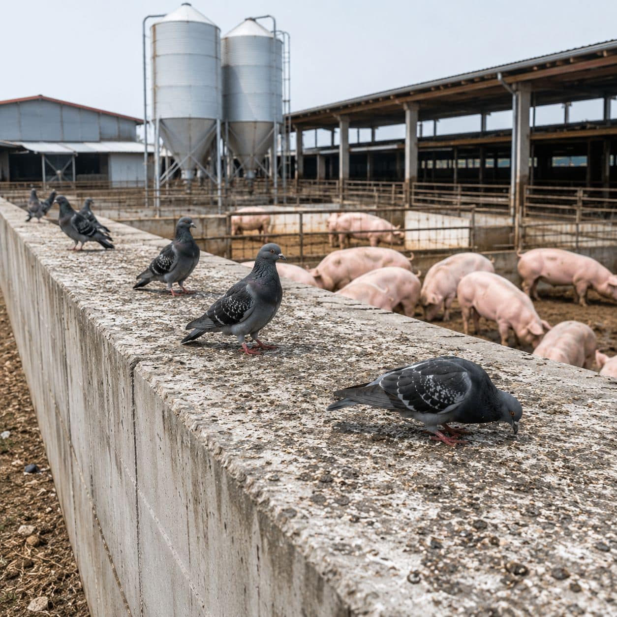 Colombi su un muretto incrostato di guano in un sito produttivo