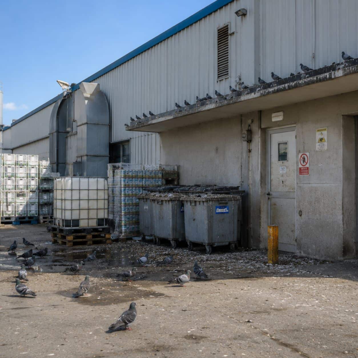 Piccioni nell’area esterna di uno stabilimento accanto a cisterne e contenitori