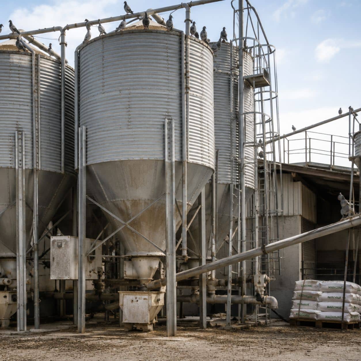 Piccioni intorno a silos di stoccaggio per materie prime alimentari