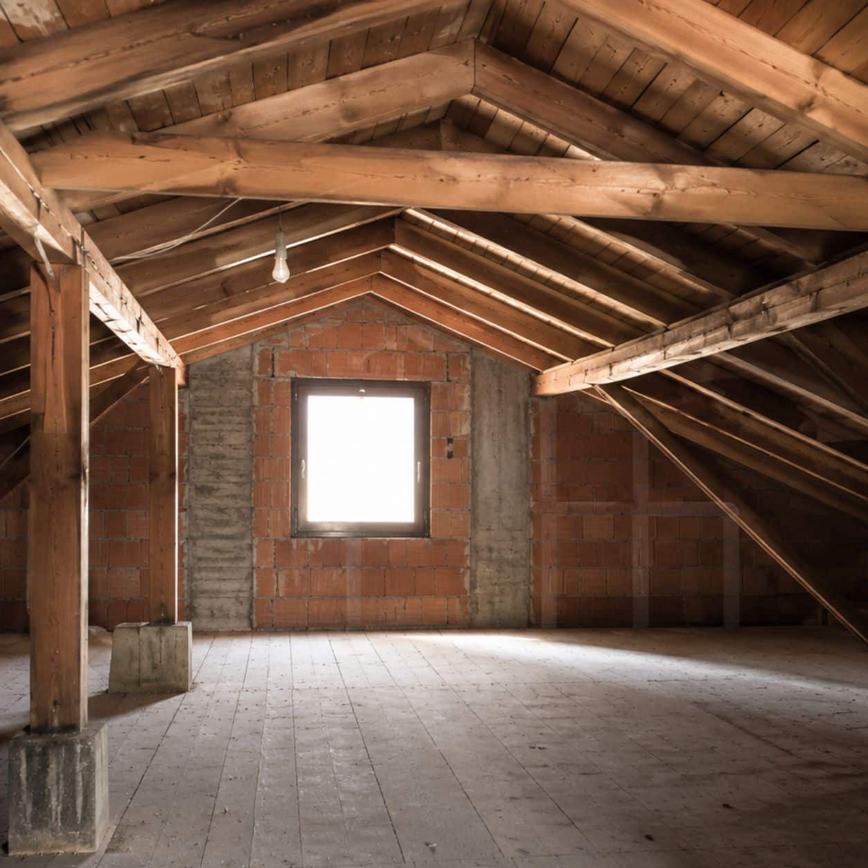 Sottotetto vuoto con struttura del tetto in legno e una piccola finestra sul timpano