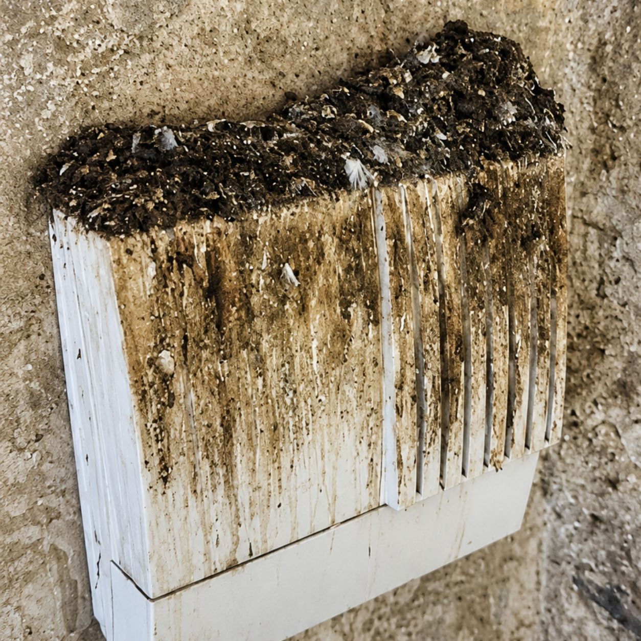 Unità esterna coperta da uno strato spesso di guano prima dell’intervento Birdstop
