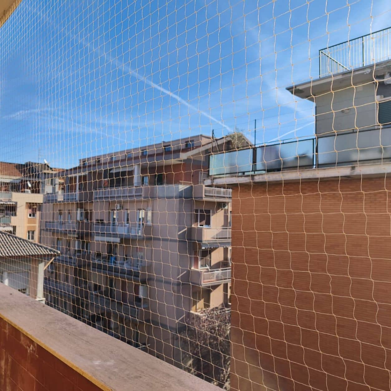 Rete anti volatili tesa su una terrazza con vista sui tetti, cantiere Birdstop