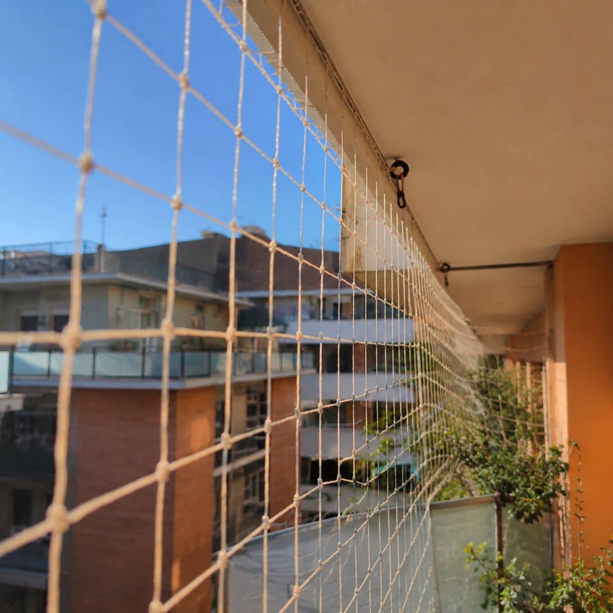 Rete anti volatili installata su una struttura esterna, con il bordo che segue il profilo del telaio portante