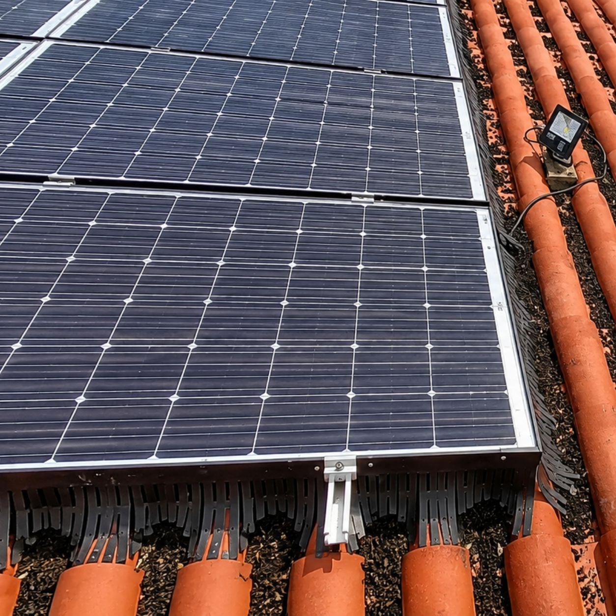 Profilo scuro installato fra il bordo inferiore dei moduli e i coppi, su tetto di edificio aziendale