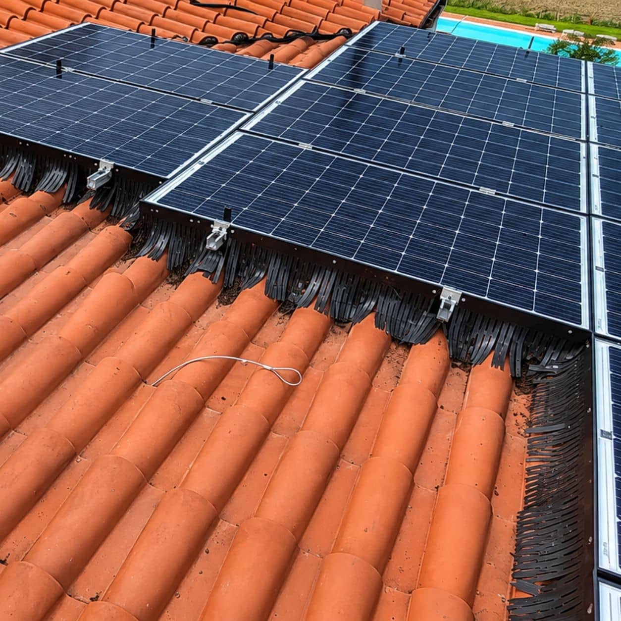 Angolo di un campo fotovoltaico con la barriera installata lungo il perimetro e coppi puliti intorno