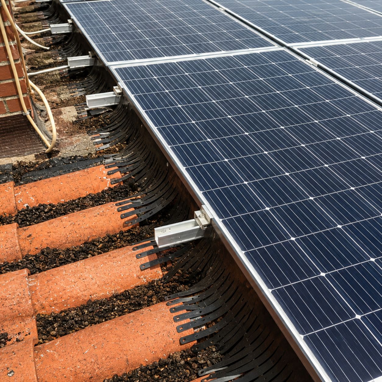 Campo fotovoltaico su falda in coppi con la barriera lungo il bordo inferiore, vista laterale