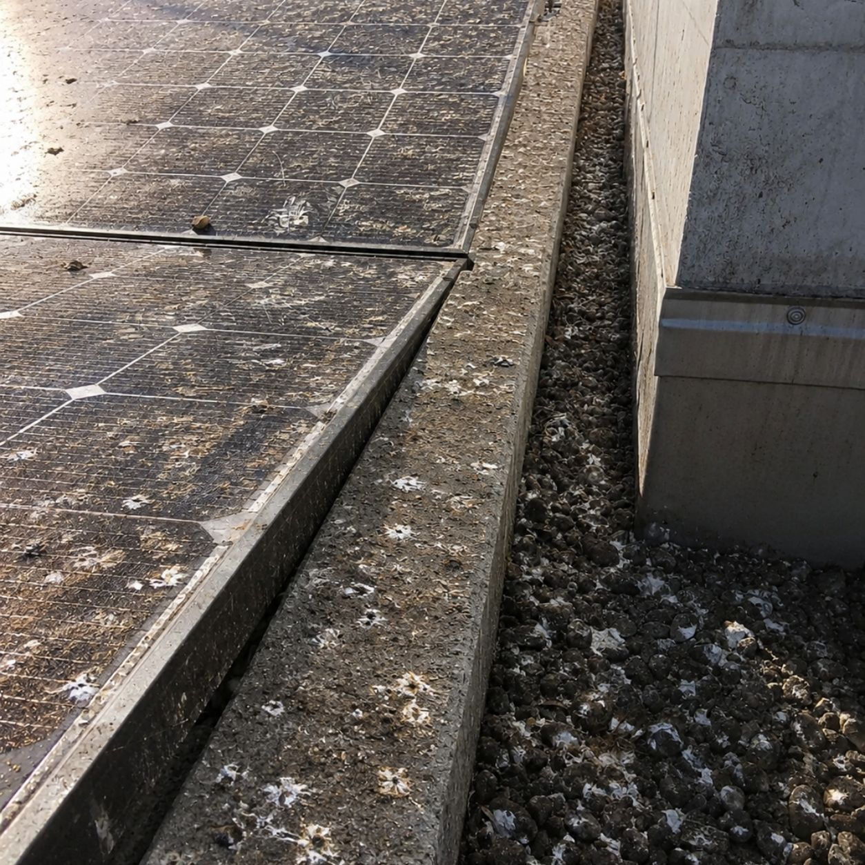 Bordo di una copertura fotovoltaica con guano su coprimuro e pannelli prima dell intervento