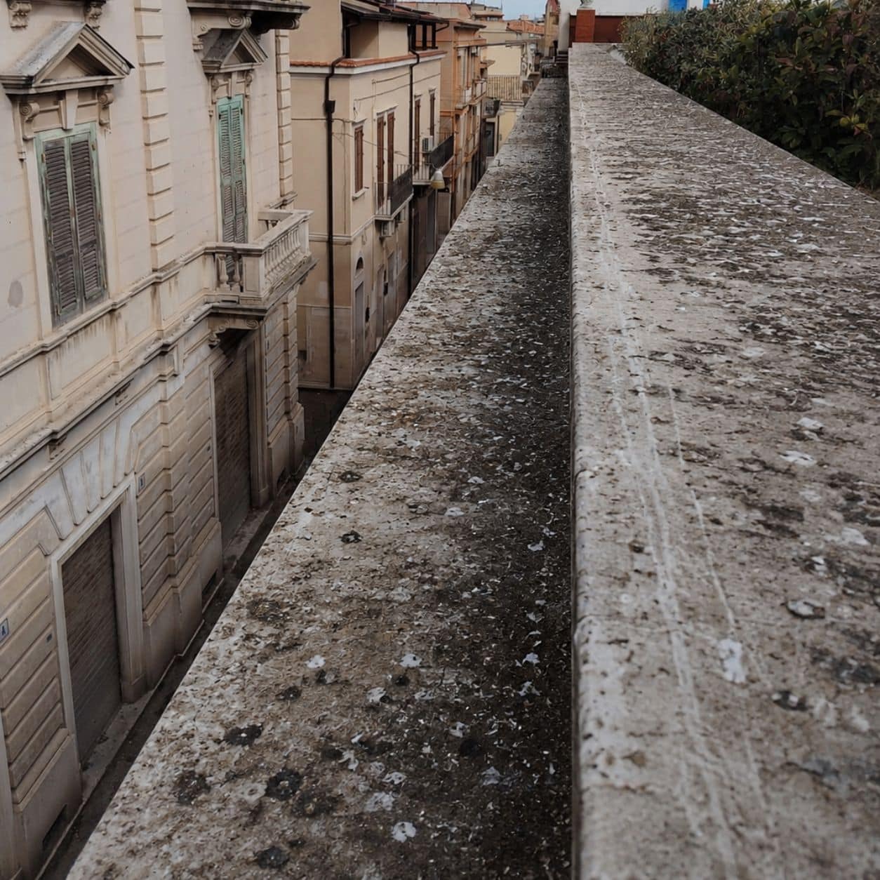 Cornicione con accumulo di guano lungo tutta la linea prima dell’intervento
