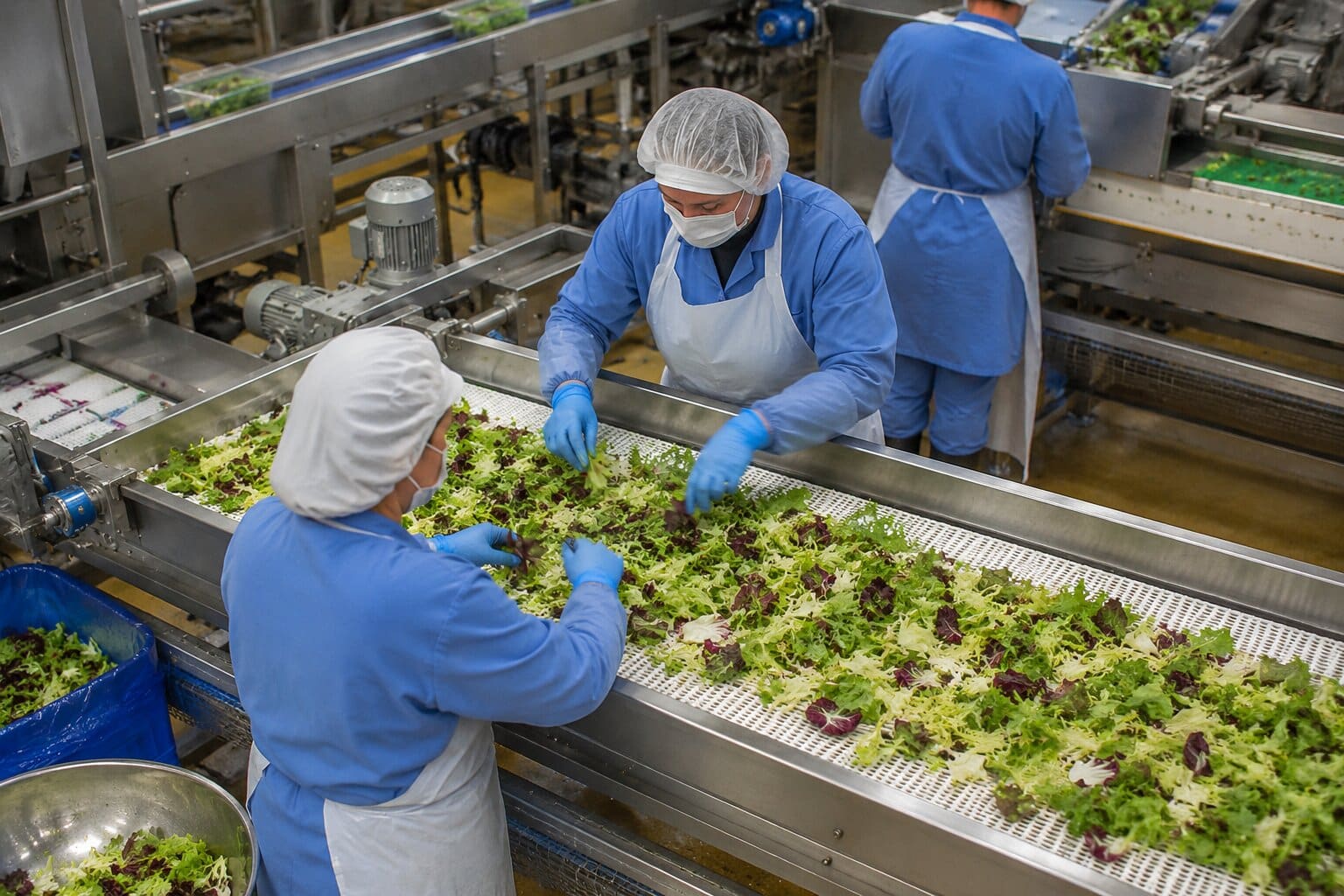 Operatori con cuffia, camice e guanti al lavoro su una linea di selezione di ortaggi in uno stabilimento alimentare