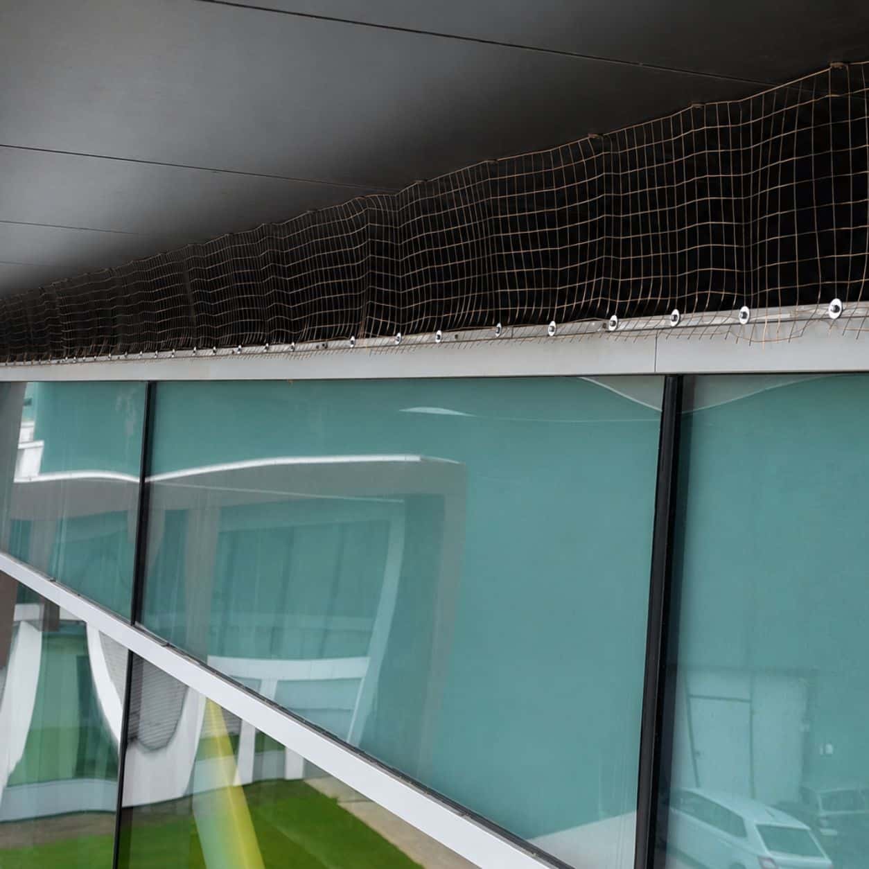 Rete anti-volatili tesa sotto la copertura di un edificio industriale
