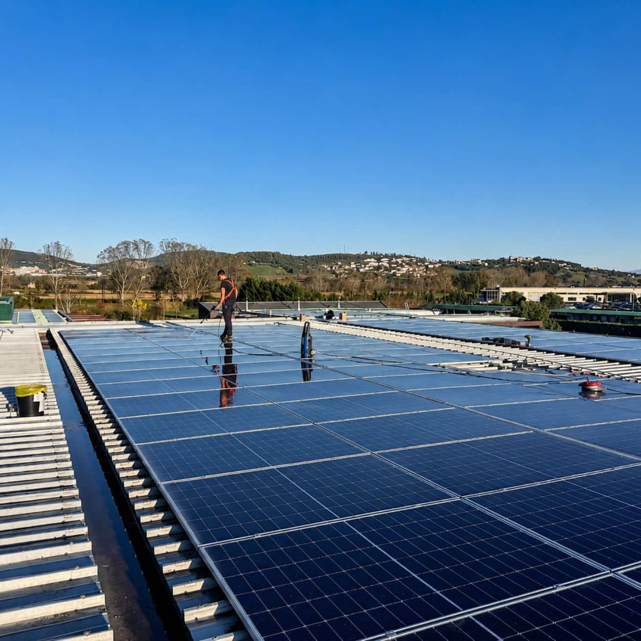 Ampia copertura industriale con impianto fotovoltaico e tecnici al lavoro