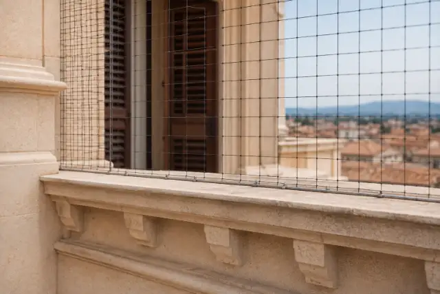 Balcone protetto con rete anti-volatili e parapetto pulito dopo l’intervento
