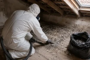 Operatore in tuta protettiva durante la bonifica del guano in un sottotetto condominiale