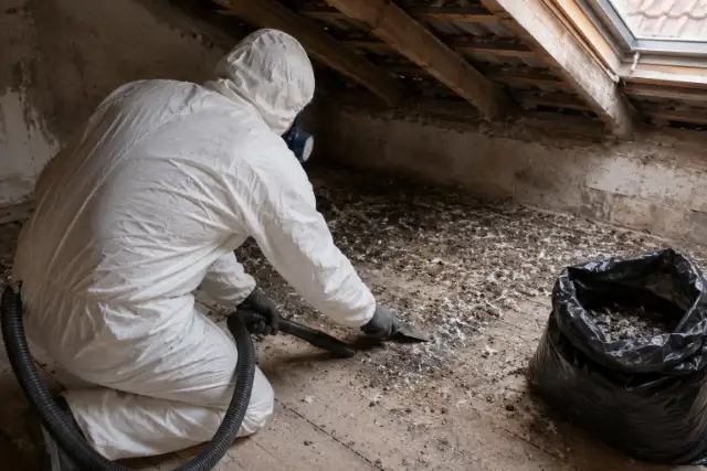 Operatore con tuta monouso e semimaschera durante la bonifica del guano in un sottotetto