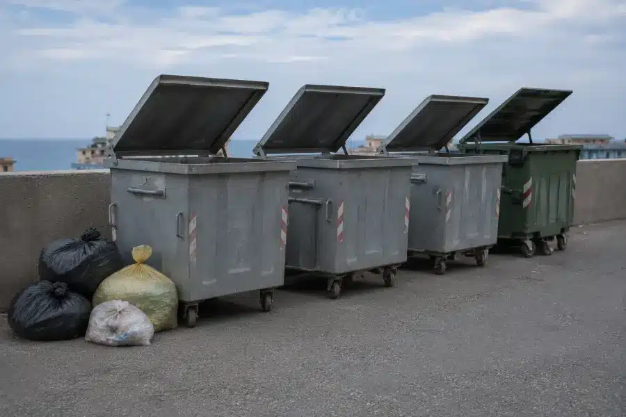 Cassonetti dei rifiuti con i coperchi aperti e sacchi accanto, in una città di mare