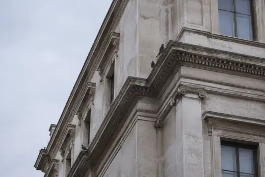 Dissuasori ad aghi installati male su un cornicione, con piccioni che si posano negli spazi liberi