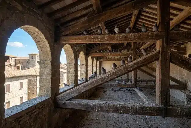 Loggia aperta con arcate e travatura in legno, con colombi appoggiati sulle travi al riparo del tetto