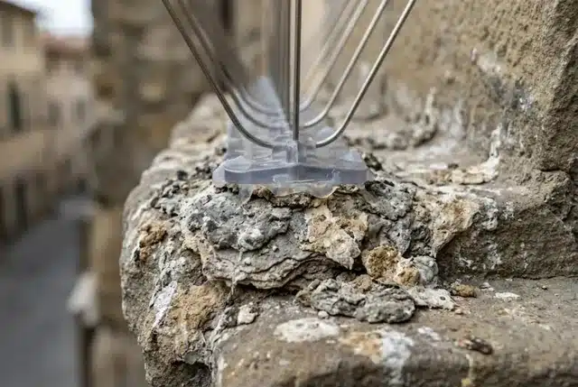 Base di una barra di dissuasori incollata sopra una crosta spessa di guano non bonificato