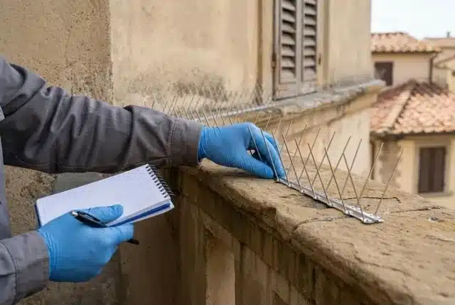 Tecnico con guanti da lavoro che tiene un blocco per appunti e verifica un dissuasore a spillo posato su un cornicione, con i tetti in coppi sullo sfondo