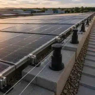 Bordo di un campo fotovoltaico su copertura piana con i supporti di un sistema dissuasore montati lungo il profilo della struttura