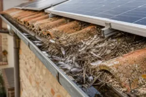Gronda di un edificio ostruita da piume e materiale di nido