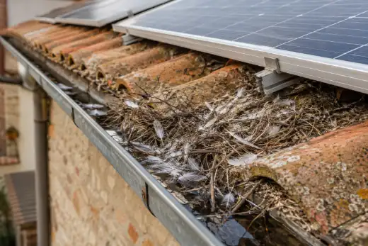 Canale di scarico ostruito da materiale di nido e piume sotto un impianto fotovoltaico