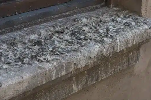 Guano stratificato e incrostato su un davanzale di pietra con la superficie rovinata