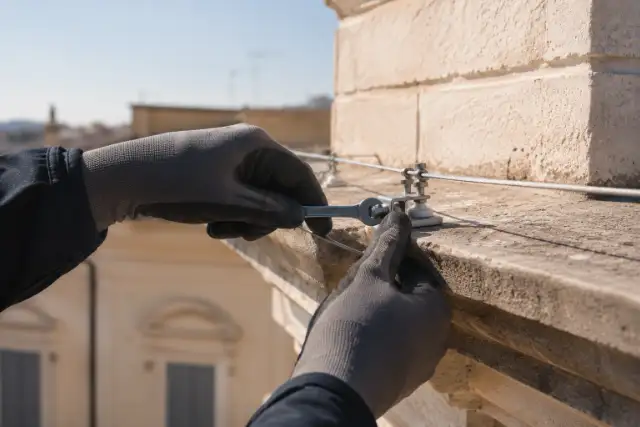 Mani guantate che fissano un morsetto in acciaio su un filo teso lungo un cornicione