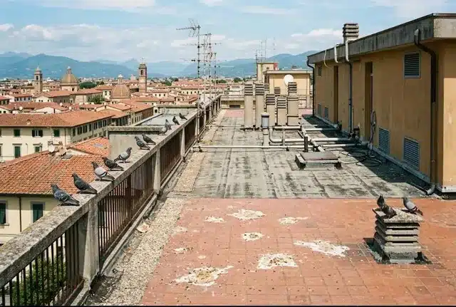 Lastrico solare condominiale con colombi sul parapetto e chiazze di guano sul piano