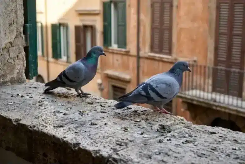 Due colombi appoggiati sul bordo di un davanzale in pietra, in primo piano, davanti a una facciata di città