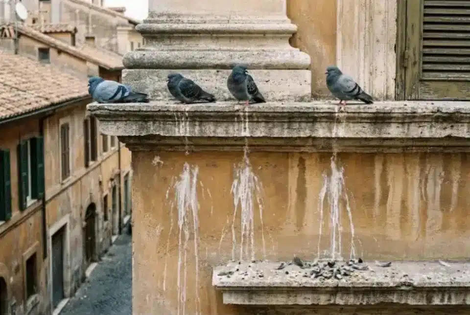 Quattro colombi appoggiati su un cornicione, con lunghe colate bianche di guano che scendono sulla facciata