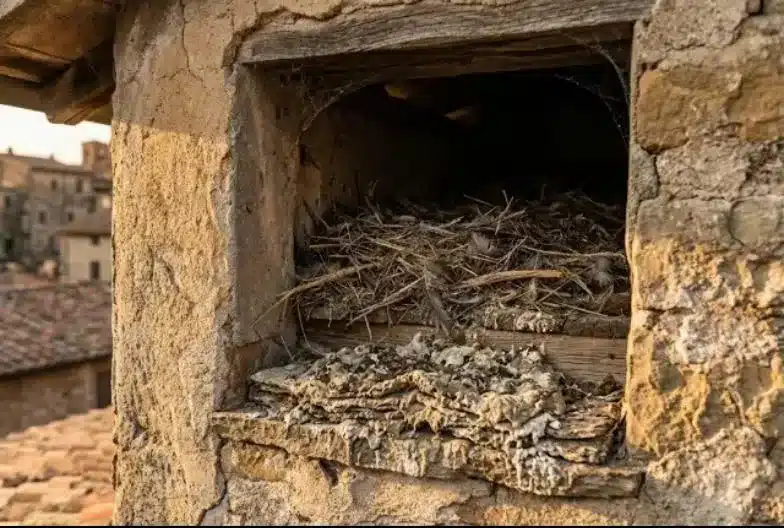 Nidificazione consolidata in un sottotetto con guano stratificato