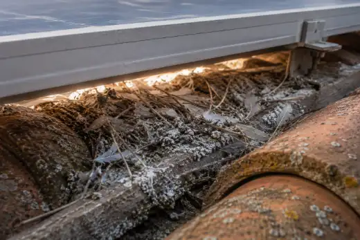 Nido di rami e piume costruito nello spazio fra il bordo inferiore di un modulo fotovoltaico e i coppi del tetto