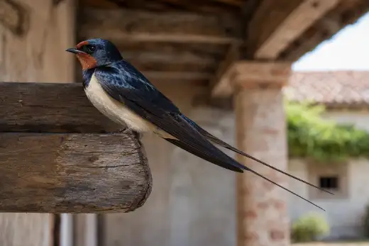 Rondine posata su una trave di legno sotto un portico, con i tetti del paese sullo sfondo
