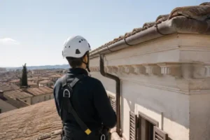 Tecnico in sicurezza durante il sopralluogo sul tetto e sul cornicione di un edificio