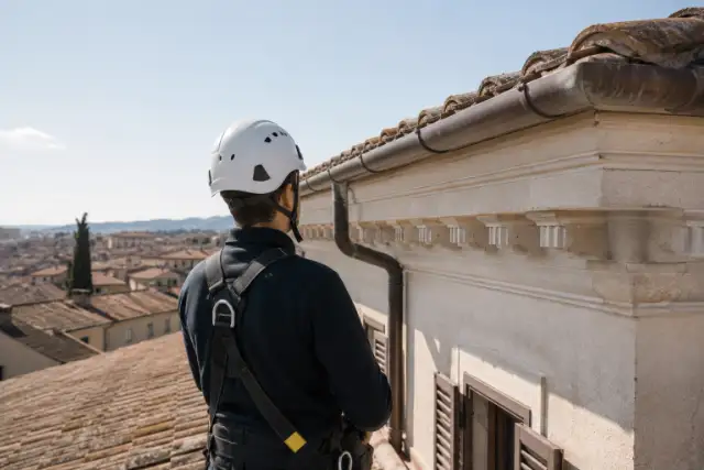 Tecnico con casco e imbracatura anticaduta osserva il cornicione dalla copertura di un edificio