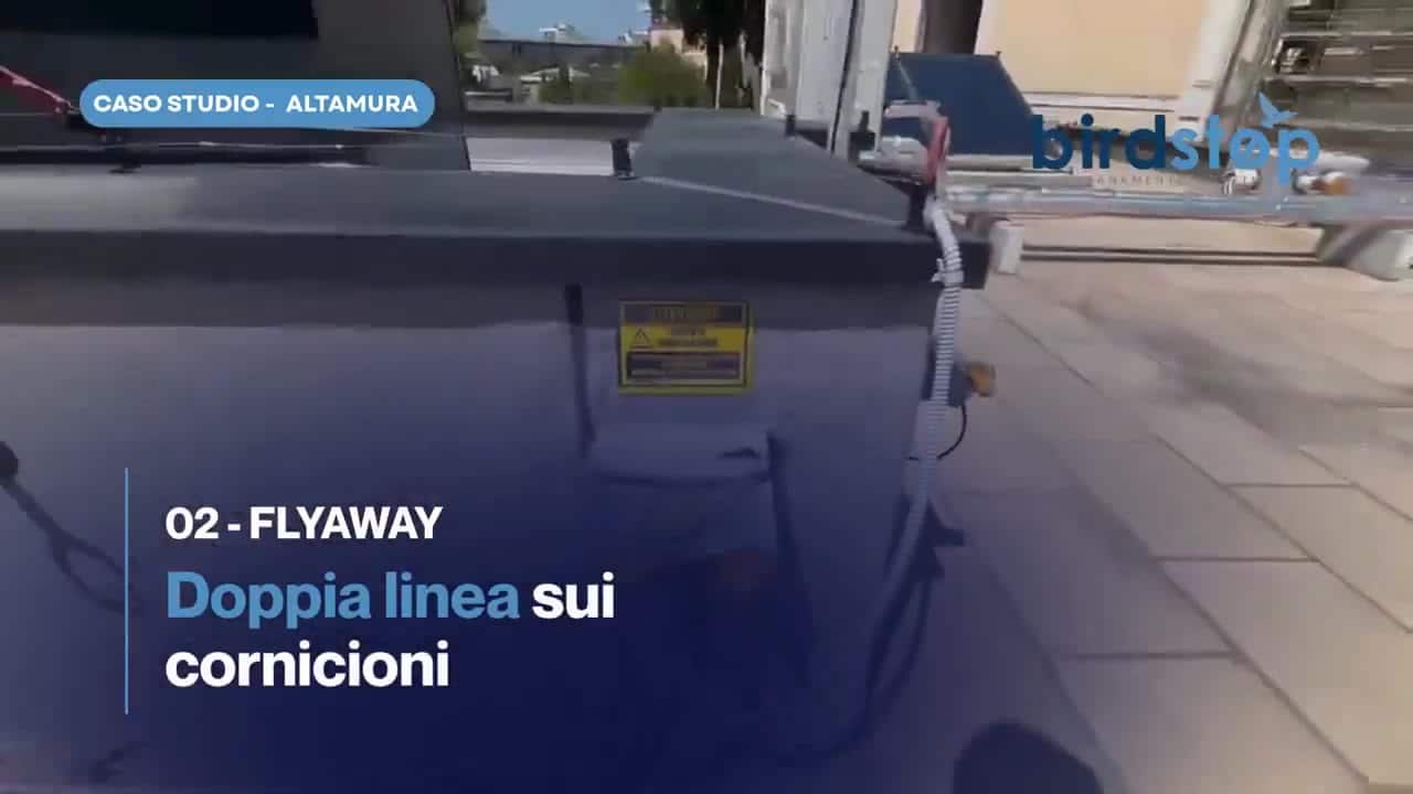 Un impianto a fili tesi su più linee lungo un cornicione: le linee parallele impediscono l’atterraggio su tutto il bordo, senza opere invasive sulla facciata.