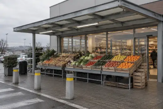 Esposizione esterna di frutta e verdura sotto una tettoia davanti a un punto vendita