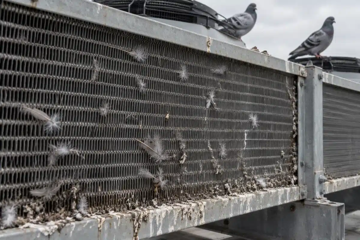 Batteria alettata di un dry cooler con piume e piumino incastrati fra le alette e croste di guano sul telaio, con tre piccioni posati sul bordo superiore