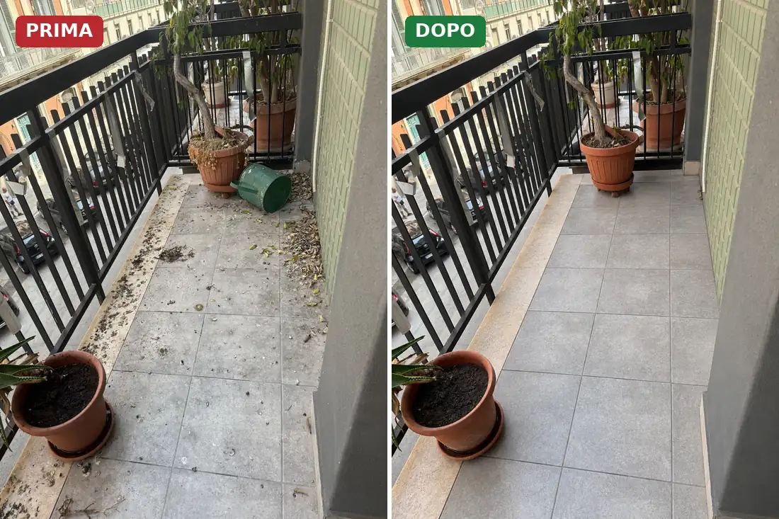 Lo stesso balcone prima e dopo la bonifica del guano: a sinistra deiezioni lungo la ringhiera e foglie secche, a destra piastrelle pulite