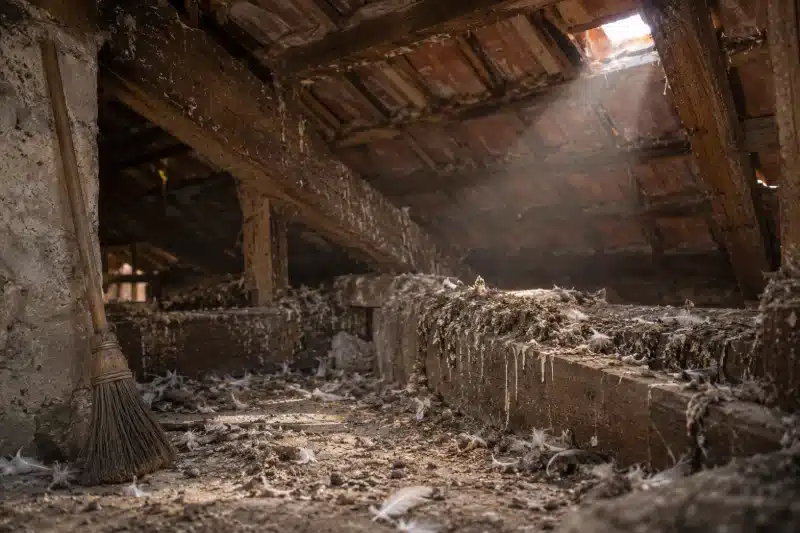 Sottotetto con guano e materiale di nido accumulati da anni e una scopa appoggiata alla trave