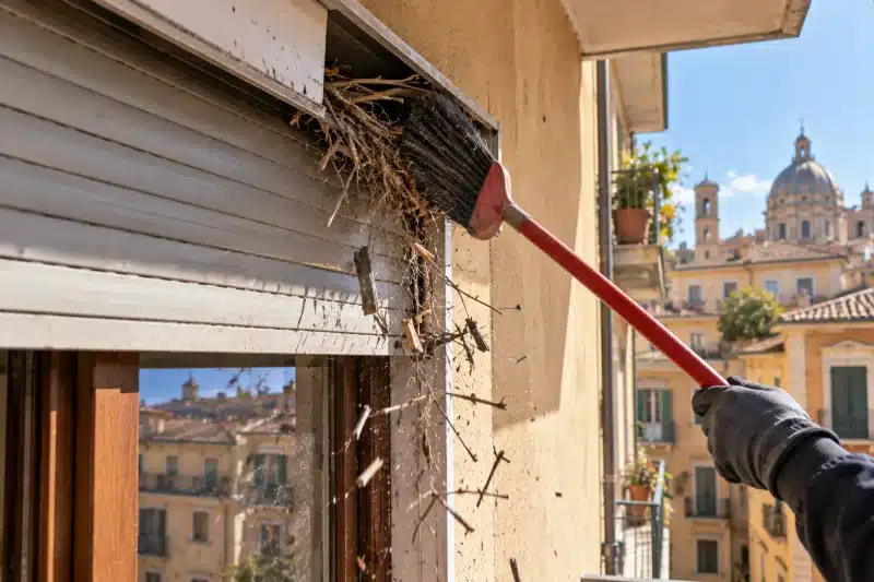 Scopa che butta giù un nido dal cassonetto di una tapparella