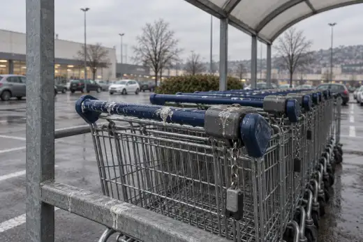 File di carrelli della spesa incolonnati sotto la tettoia di un parcheggio, ripresi da vicino
