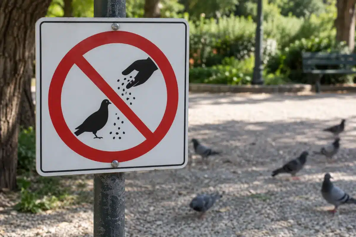 Cartello comunale su palo in un parco pubblico con il pittogramma barrato del divieto di dare da mangiare ai piccioni